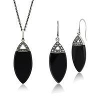 Sterling Silver Black Onyx & Marcasite Art Deco Drop Earring & 45cm Necklace Set
