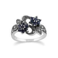 Sterling Silver Art Nouveau 0.56ct Sapphire & Marcasite Flower Ring