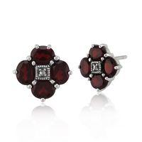 Sterling Silver 3ct Thai Garnet & Marcasite Stud Cluster Earrings