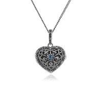 Sterling Silver Aquamarine & Marcasite March Birthstone Heart Locket Necklace
