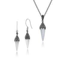 sterling silver mother of pearl marcasite drop earrings 45cm necklace  ...