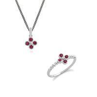 Sterling Silver Ruby Cluster 45cm Necklace & Ring Set