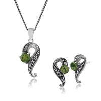 sterling silver peridot marcasite art nouveau stud earring 45cm neckla ...