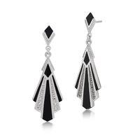 Sterling Silver 2.3ct Black Onyx & 0.13ct Marcasite Art Deco Drop Earrings