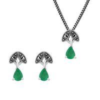Sterling Silver Emerald & Marcasite May Birthstone Stud Earring & 45cm Necklace Set