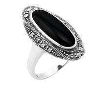 Sterling Silver 1.30ct Black Onyx & 0.23ct Marcasite Art Deco Cocktail Ring