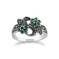 Sterling Silver Art Nouveau 0.43ct Emerald & Marcasite Flower Ring