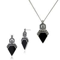 Sterling Silver Black Onyx & Marcasite Art Deco Drop Earring & 45cm Necklace Set