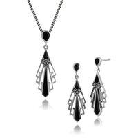 Sterling Silver Art Deco Black Onyx & Marcasite Drop Earring & 45cm Necklace Set