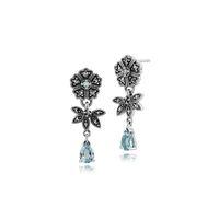 Sterling Silver 0.65ct Blue Topaz & Marcasite Art Nouveau Floral Drop Earrings