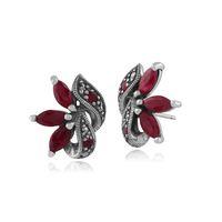 Sterling Silver 1.02ct Ruby & Marcasite Art Nouveau Stud Earrings