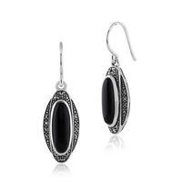 Sterling Silver 3.00ct Black Onyx & 0.27ct Marcasite Art Deco Drop Earrings