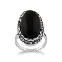 Sterling Silver Black Onyx & Marcasite Art Deco Oval Cocktail Style Ring