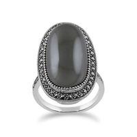 Sterling Silver Hematite & Marcasite Art Deco Oval Cocktail Style Ring