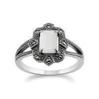 Sterling Silver Art Deco 1ct Mother of Pearl & Marcasite Ring