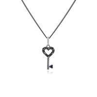 Sterling Silver 1.4pt Amethyst & Marcasite Heart Key Pendant on Chain