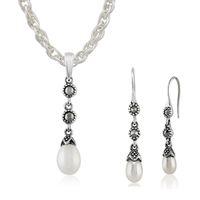 Sterling Silver Freshwater Pearl & Marcasite Drop Earring & 45cm Necklace Set