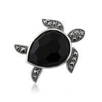 Sterling Silver 7.50ct Black Onyx & 0.29ct Marcasite Turtle Brooch