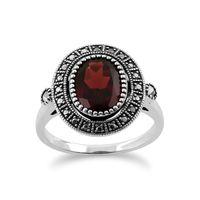 Sterling Silver 2.50ct Garnet & Marcasite Antique Style Cluster Ring