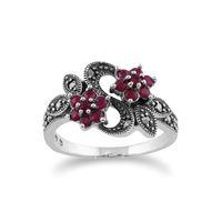 Sterling Silver Art Nouveau 0.58ct Ruby & Marcasite Flower Ring