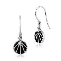 Sterling Silver 2ct Black Onyx & 0.13ct Marcasite Art Deco Round Drop Earrings