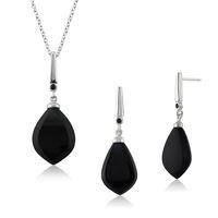 Sterling Silver Black Onyx & Black Spinel Art Deco Drop Earring & Necklace Set