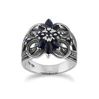 Sterling Silver 0.90ct Blue Sapphire & 0.25ct Marcasite Floral Cocktail Ring