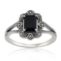 Sterling Silver Art Deco 1.20ct Black Spinel & Marcasite Ring