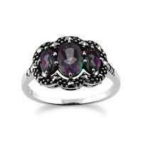 Sterling Silver 1.3ct Mystic Green Topaz & Marcasite Ring