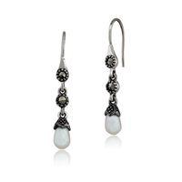 Sterling Silver 1.44ct Freshwater Pearl & 0.13ct Marcasite Drop Earrings