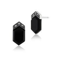Sterling Silver 3.00ct Black Onyx & 6.6pt Marcasite Art Deco Stud Earrings