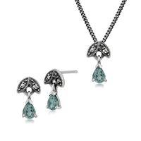 Sterling Silver Aquamarine & Marcasite March Stud Earring & 45cm Necklace Set