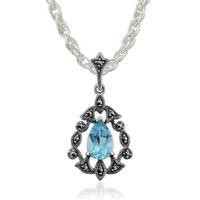 Sterling Silver 1.42ct Topaz & 0.16ct Marcasite Victorian Pendant on 45cm Chain