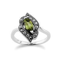 Sterling Silver 0.52ct Peridot & 0.19ct Marcasite Art Nouveau Style Ring