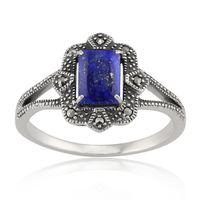Sterling Silver 0.9ct Lapis Lazuli & 8.8pt Marcasite Art Deco Style Ring