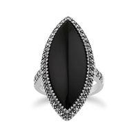 Sterling Silver Art Deco Black Onyx & Marcasite Statement Ring