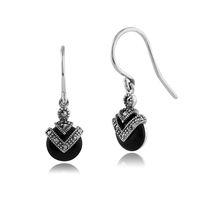 sterling silver 2ct black onyx marcasite art deco drop earrings