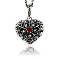 Sterling Silver 9pt Cornelian & Marcasite Heart Locket 45cm Necklace