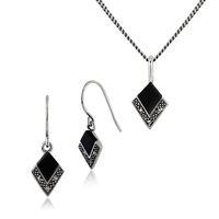 sterling silver onyx marcasite art deco fan drop earring 45cm necklace ...