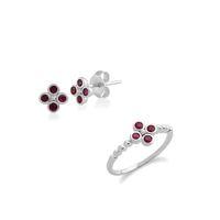 sterling silver ruby cluster stud earring ring set