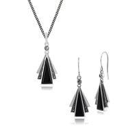 Sterling Silver Art Deco Black Onyx & Marcasite Drop Earring & 45cm Necklace Set