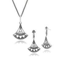 sterling silver art deco opal marcasite drop earring 45cm necklace set