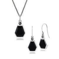 sterling silver art deco black onyx marcasite drop earring 45cm neckla ...