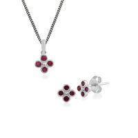 Sterling Silver Ruby Cluster Stud Earring & 45cm Necklace Set