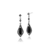 Sterling Silver 1.90ct Black Onyx & Marcasite Art Deco Drop Earrings