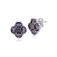 Sterling Silver Amethyst & Marcasite Cluster Stud Earrings