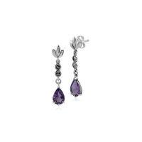 Sterling Silver Amethyst & Marcasite Drop Earrings