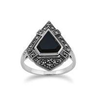 Sterling Silver Black Onyx & Marcasite Art Deco Style Ring
