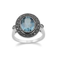 Sterling Silver Blue Topaz & Marcasite Antique Style Cluster Ring