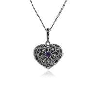 Sterling Silver Amethyst & Marcasite February Birthstone Heart Locket Necklace